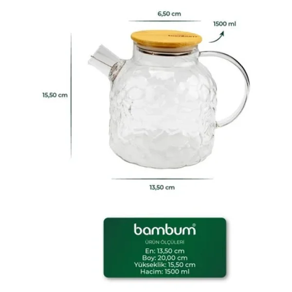 Bambum Juliet Bambu Kapaklı 1500 Ml Cam Demlik - Görsel 8