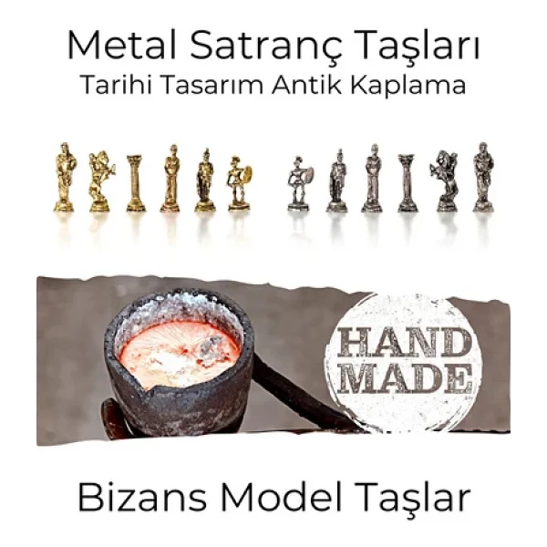 Mc59 Bizans Figürlü El Yapımı Metal Satranç Takımı Kayın Ağacı Satranç Tahtası - Lüks Hediyelik - Görsel 5