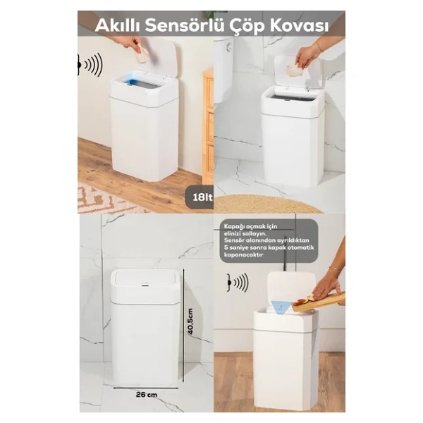 Porsima Me02 Hareket Sensörlü Sessiz Kapatma Çöp Kutusu Banyo Mutfak Çöp Kovası Kapaklı Banyo Çöp Kovası 18lt - Görsel 9