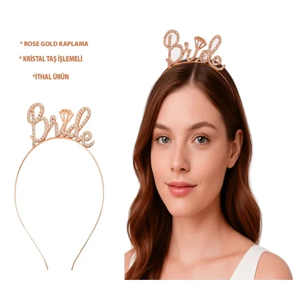 Rose Gold Renkli Taşlı "Bride" Gelin Tacı - Görsel 5
