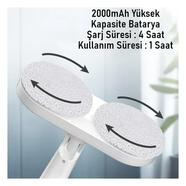 Valkyrie Şarjlı Su Püskürtmeli Elektrikli Mop - Çift Döner Başlık, Mikrofiber Ped, 2000 mAh, Tüm Zeminlerde Etkili Beyaz - Görsel 8