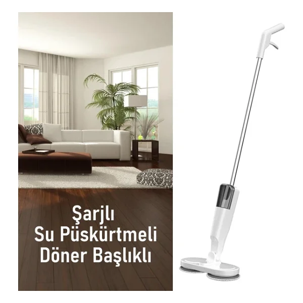 Valkyrie Şarjlı Su Püskürtmeli Elektrikli Mop - Çift Döner Başlık, Mikrofiber Ped, 2000 mAh, Tüm Zeminlerde Etkili Beyaz - Görsel 5