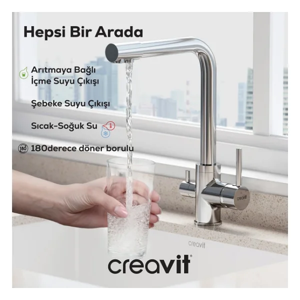 Creavit Su Arıtma Çıkışlı Mutfak Armatürü, Eviye Bataryası - Krom - Görsel 7