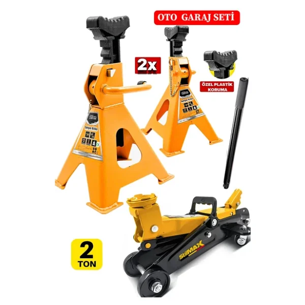 Stilmax 2ton/2000kg Kapasite Tekerlekli Arabalı Hidrolik Kriko + 2ton X2adet Taşıma Sehpa Tip Kriko Standı - Görsel 2