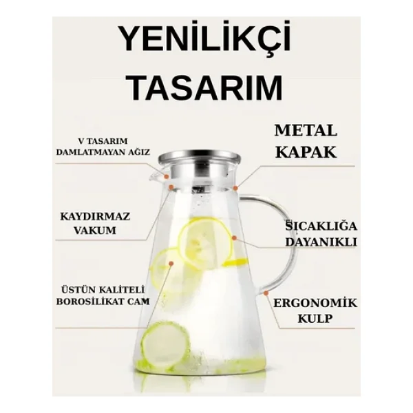 Cam Sürahi Borosilikat Metal Kapaklı 1.8 Litre - Görsel 2