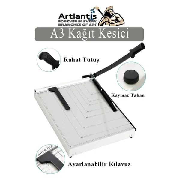Giyotin Kağıt Kesme Makinesi A3 Metal Kollu Tablalı A5-A4-A3 Ayarlanabilir Sürgülü Paslanmaz Kaliteli - Görsel 3