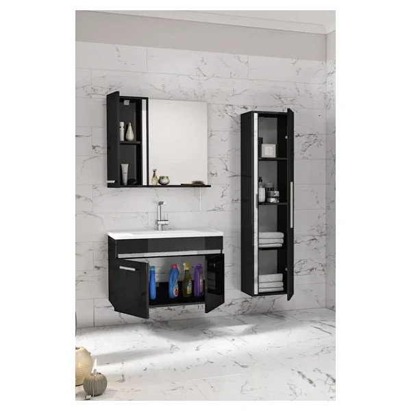 Alfa Banyo Gold Siyah Gri (80+35) 115 Cm Mdf-Boy Dolaplı Lavabolu Banyo Dolabı Seti - Görsel 2
