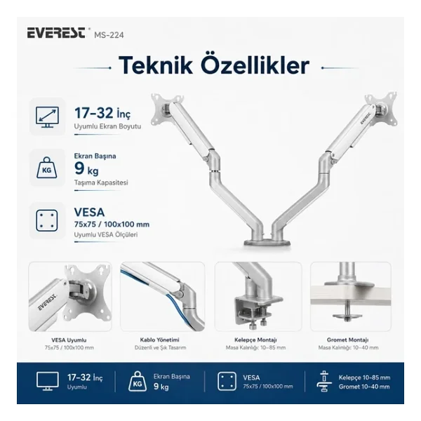 Everest Ms-224 17-32 İnç İki Kollu Amortisörlü Monitör Standı - Görsel 8