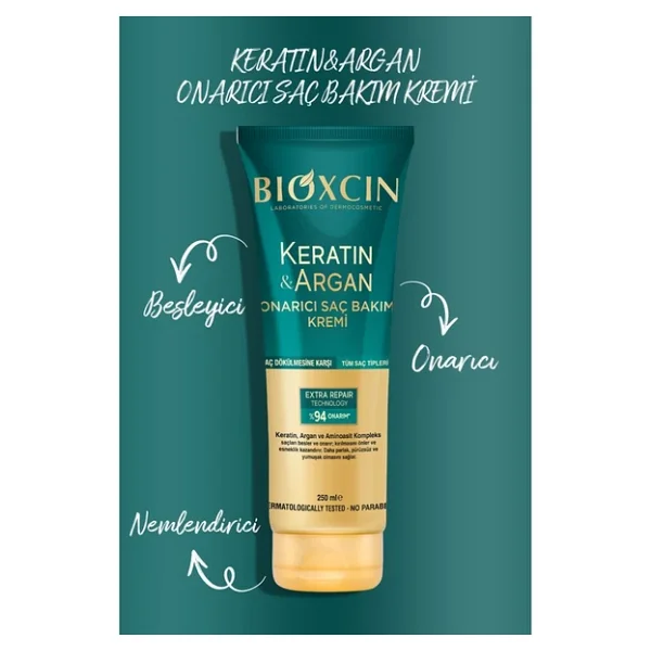 Bioxcin Keratin & Argan Onarıcı Saç Bakım Seti 300ml + Keratin Argan Saç Bakım Yağı + Saç Kremi - Görsel 4
