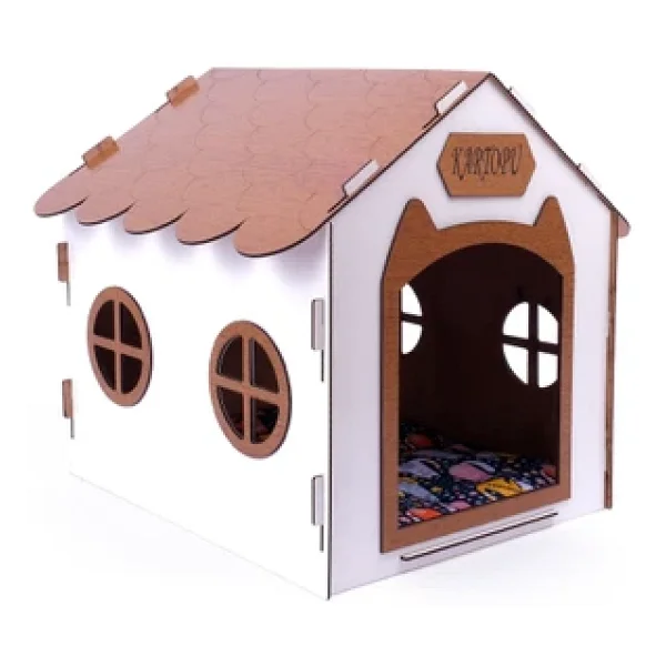 Ahşap Özel İsim Baskılı Dekoratif Kedi Evi-Kulübesi, Kediler İçin Kulübe, Kedi Kulübesi Beyaz-Ceviz - Görsel 3