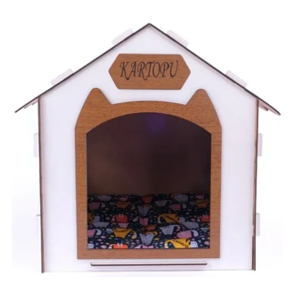 Ahşap Özel İsim Baskılı Dekoratif Kedi Evi-Kulübesi, Kediler İçin Kulübe, Kedi Kulübesi Beyaz-Ceviz - Görsel 4