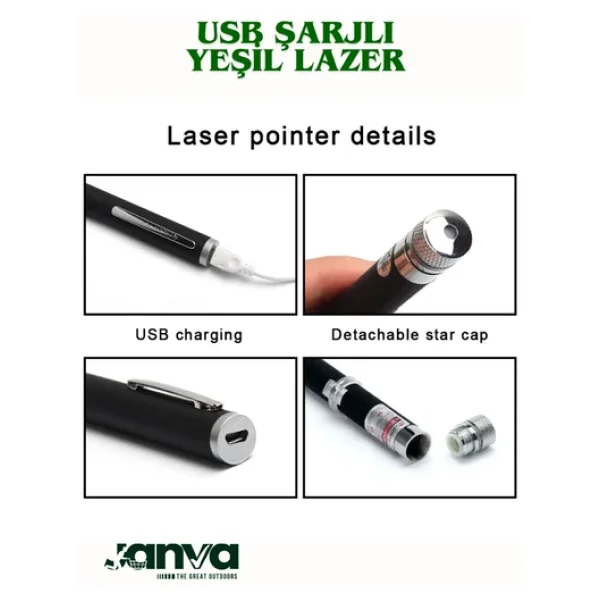 Janva USB Şarjlı Ultra Yeşil Lazer Kalem Başlıklı Yeşil Lazer Pointer Turbo Işın Yeşil Laser Pointer - Görsel 5