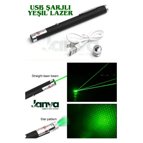 Janva USB Şarjlı Ultra Yeşil Lazer Kalem Başlıklı Yeşil Lazer Pointer Turbo Işın Yeşil Laser Pointer - Görsel 2