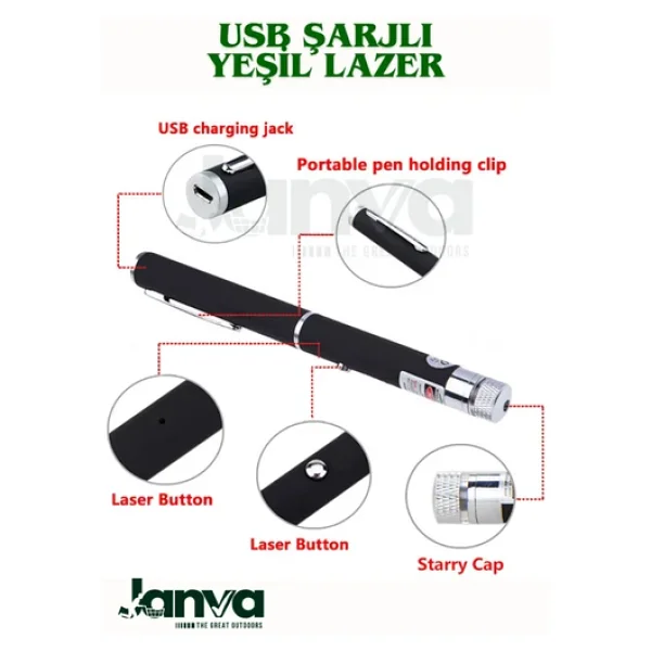 Janva USB Şarjlı Ultra Yeşil Lazer Kalem Başlıklı Yeşil Lazer Pointer Turbo Işın Yeşil Laser Pointer - Görsel 6