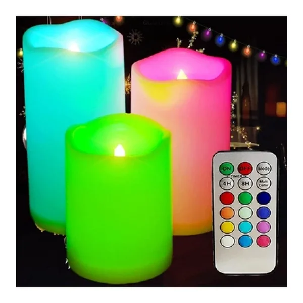 Kuzey LED Remote Control Electronic Candle Kumandalı Renkli Işıklı Mum 3lü Set Küçük Orta Büyük Işıklı Mum - Görsel 3