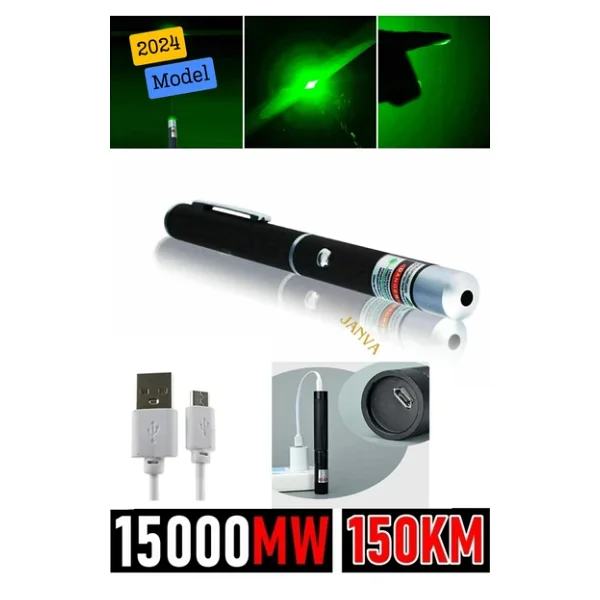 Janva USB Şarjlı Ultra Yeşil Lazer Kalem Başlıklı Yeşil Lazer Pointer Turbo Işın Yeşil Laser Pointer - Görsel 3