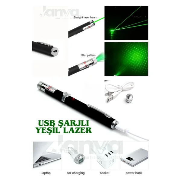 Janva USB Şarjlı Ultra Yeşil Lazer Kalem Başlıklı Yeşil Lazer Pointer Turbo Işın Yeşil Laser Pointer - Görsel 4