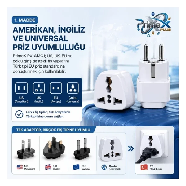 Primex Px-Amc1 Amerikan Priz Türk Çevirici, İngiliz Priz Türk Prize Dönüştürücü, Universal Priz Dönüştürücü - Görsel 5