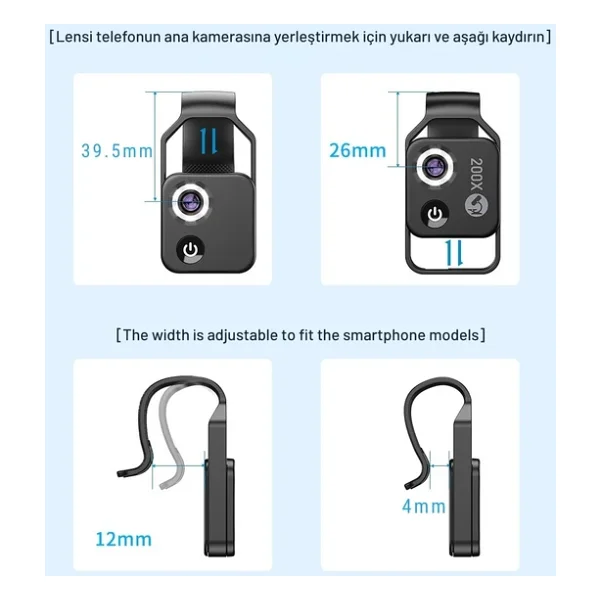 Apexel 200x Büyütmeli Mobil Mikroskop Telefon Lensi LED Işıklı Portatif Tak Çalıştır Polarize Filtreli - Görsel 8