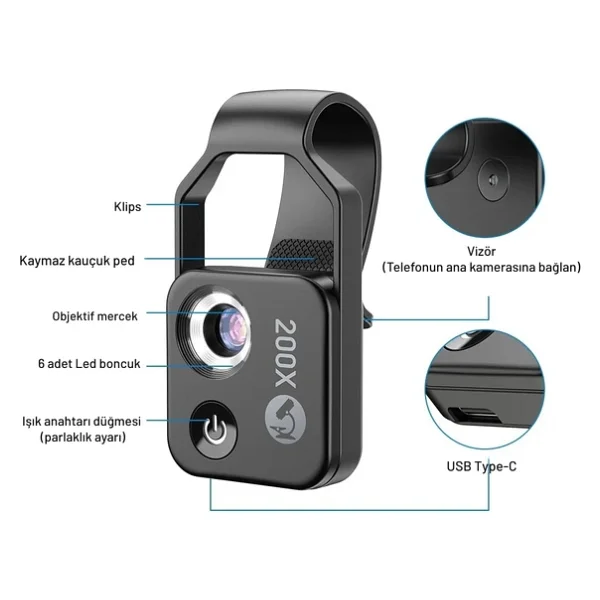 Apexel 200x Büyütmeli Mobil Mikroskop Telefon Lensi LED Işıklı Portatif Tak Çalıştır Polarize Filtreli - Görsel 10