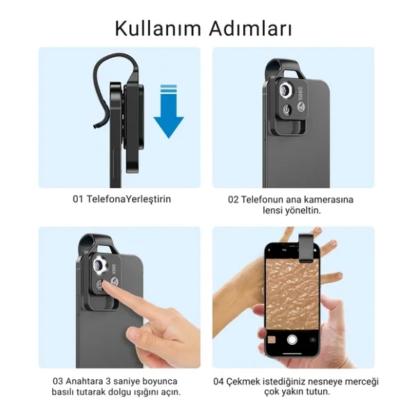 Apexel 200x Büyütmeli Mobil Mikroskop Telefon Lensi LED Işıklı Portatif Tak Çalıştır Polarize Filtreli - Görsel 9