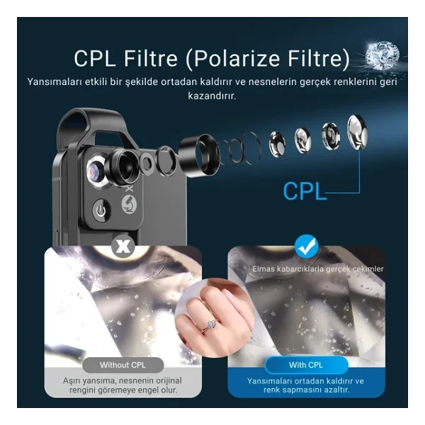 Apexel 200x Büyütmeli Mobil Mikroskop Telefon Lensi LED Işıklı Portatif Tak Çalıştır Polarize Filtreli - Görsel 5