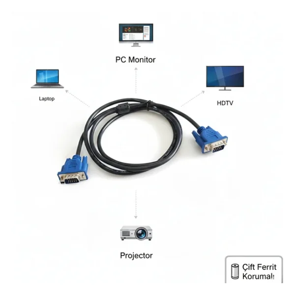 Gabble 1.5m Vga Kablosu 3+2 Lux - Çift Ferrit Filtreli HD Monitör/Projeksiyon Uyumlu - Görsel 2