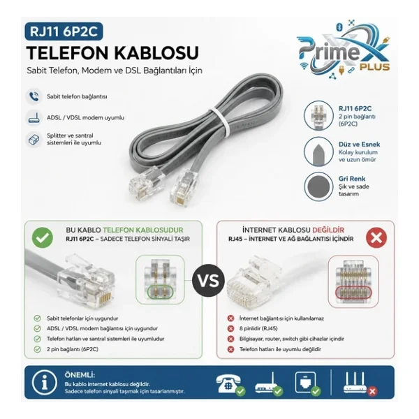 Primex Px-Kkt150 2cx0.10mmx7 15 Metre Adsl Rj11 Telefon Kablosu Gri, Adsl, Vdsl 2 Canlı Kablo - Görsel 3