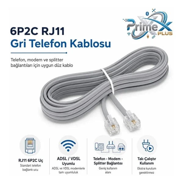 Primex Px-Kkt150 2cx0.10mmx7 15 Metre Adsl Rj11 Telefon Kablosu Gri, Adsl, Vdsl 2 Canlı Kablo - Görsel 2