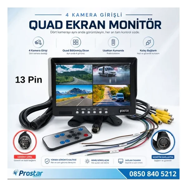 Orjinal 7 İnç Dörde Bölünür Araç Monitörü 13 Pin Çıkışlı 4 Kamera Girişli Ekran - Görsel 4