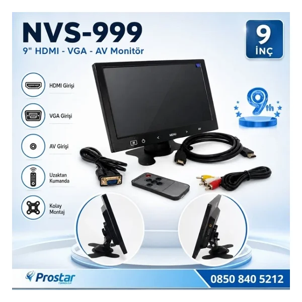 Araç İçi Monitör 9" Vga - Hdmı - Av Girişli Tft Lcd Büyük Ekran - Görsel 4