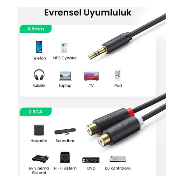 Ugreen 3.5mm Erkek - 2 Rca Dişi Jaklı Stereo Ses Kablosu Y Adaptörü Altın Kaplama Kulaklık Kablosu, 25cm, 10547 - Görsel 5