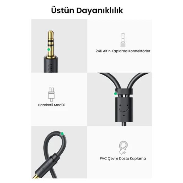 Ugreen 3.5mm Erkek - 2 Rca Dişi Jaklı Stereo Ses Kablosu Y Adaptörü Altın Kaplama Kulaklık Kablosu, 25cm, 10547 - Görsel 9