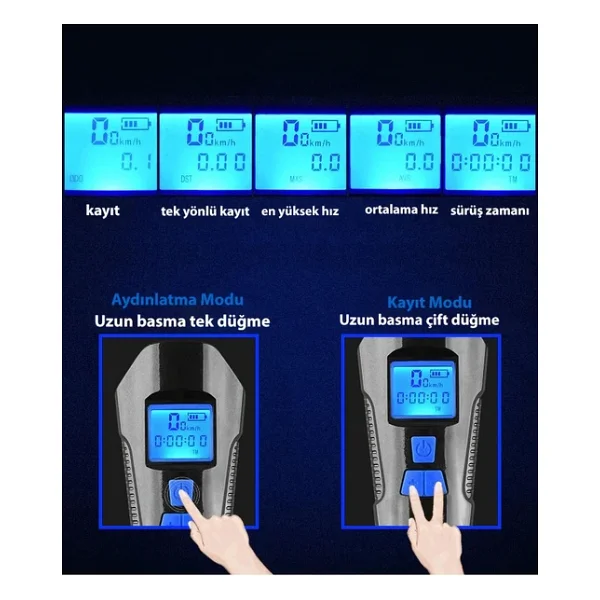 Dailytech Bisiklet Işık Korna Lcd Hız Göstergesi Su Geçirmez Fener - Görsel 7