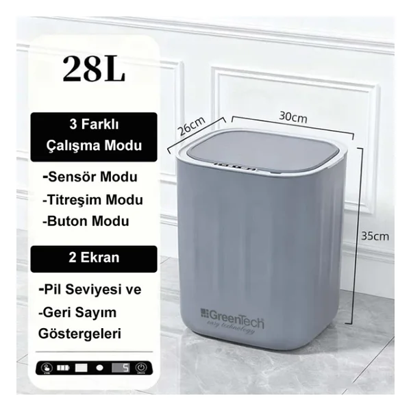 Greentech Sensörlü 28 Litre Çöp Kovası (Şarj Edilebilir Lityum Pilli) / Gt-Sc07 Gri - Görsel 6