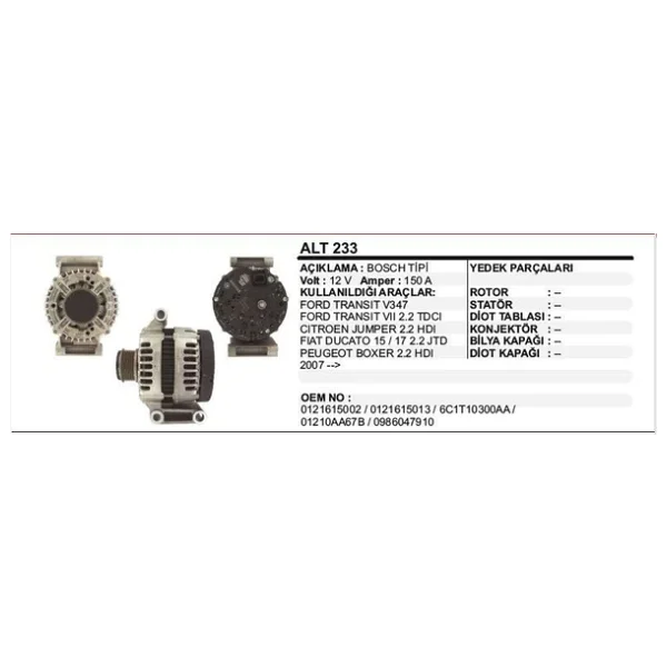 Dodo Alternatör 12V 150A Ford Transıt V347/Fıat Ducato/Peugeot Boxer 07- Bosch Tipi