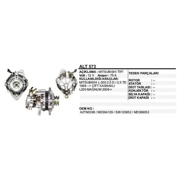 Dodo Alternatör 12V 75A Mıtsubıshı L300 D-Td H100 98-> Çift Kasnak Vakumlu Mıtsubıshı Tip Alt 575