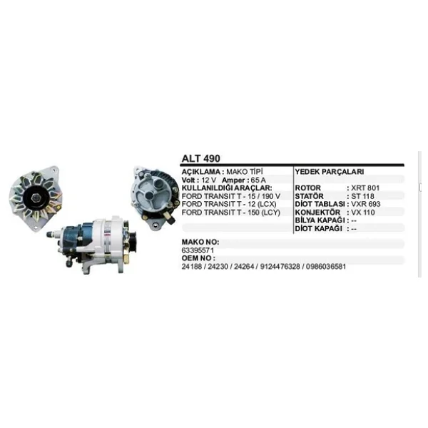 Dodo Alternatör 12V 65A Ford Transıt T15 T12 T150 Vakumlu (571) Mako Tip