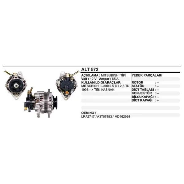 Dodo Alternatör 12V 65A Mıtsubıshı L300 98->2.5 D-Td Vakumlu -Tek Kasnak Mıtsubıshı Tip