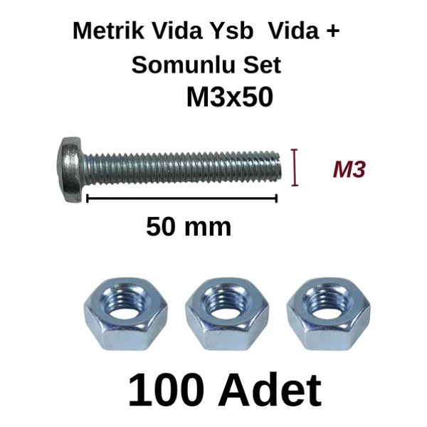 Tuğra Hırdavat M3x50mm Metrik Vida Ysb - Somunlu 100'lü Takım - Görsel 5