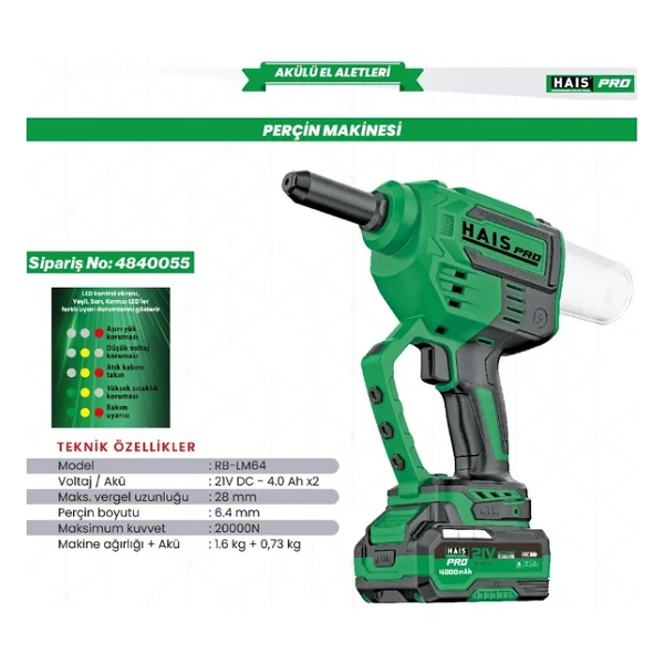 Haispro Rb-Lm64a Perçin Makinesi 21 V Çift Akülü 4.0 Ah Perçin Makinesi - Görsel 4