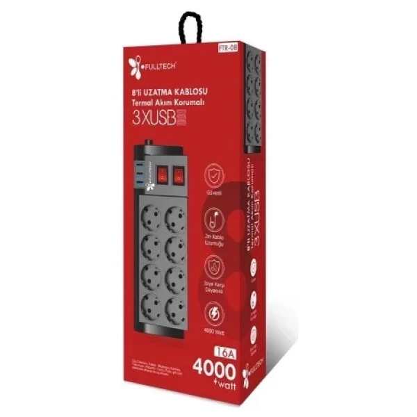 Fulltech Ftr-08 Anahtarlı Usb'li 2 M 8'li Akım Korumalı Priz - Görsel 5