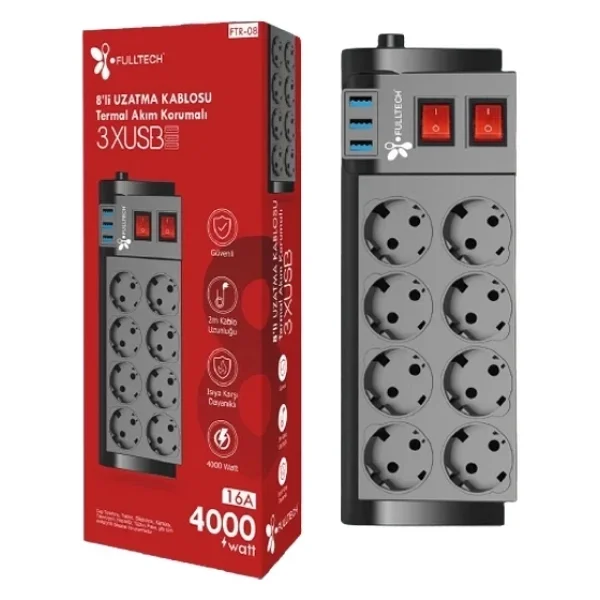 Fulltech Ftr-08 Anahtarlı Usb'li 2 M 8'li Akım Korumalı Priz - Görsel 3