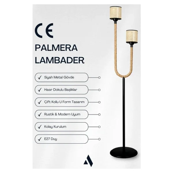 Palmera Dekoratif İkili Lambader - Halat Kollu, Bez Şapkalı, Güvenli Ve Estetik Aydınlatma - Görsel 3