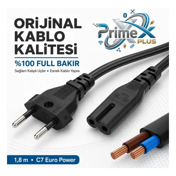 Primex Px-Typ18 1.8 Metre Original C7 Euro Teyip Power Kablosu, 2 Pin Sekiz Tip TV Güç Kablosu, PS5 PS4 PS3 Xbox Series LED TV Radyo Teyp DVD TV Box Ve C7 Girişli Cihazlar İçin Full Bakır Power Kablo - Görsel 4