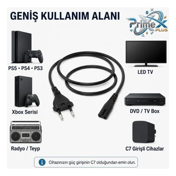 Primex Px-Typ18 1.8 Metre Original C7 Euro Teyip Power Kablosu, 2 Pin Sekiz Tip TV Güç Kablosu, PS5 PS4 PS3 Xbox Series LED TV Radyo Teyp DVD TV Box Ve C7 Girişli Cihazlar İçin Full Bakır Power Kablo - Görsel 3