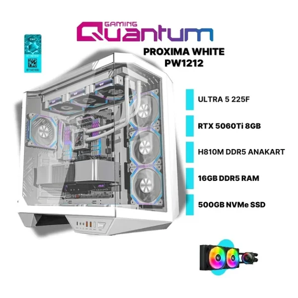 Quantum Gaming Proxima White Pw1212 Ultra 5 225f 16gb DDR5 500gb Nvme 5060tı 8gb 240mm Sıvı Soğutmalı Masaüstü Oyuncu Bilgisayarı - Görsel 3