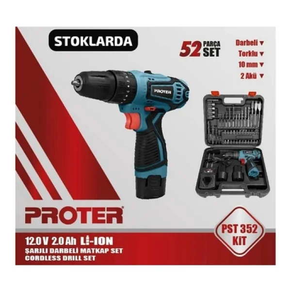 Proter Pst 352 Kit Çift Akülü 2 Ah Darbeli Vidalama Makinesi + 52 Parça Setli - Görsel 4