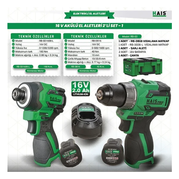 Hais Pro Rb-03 Rb-Sd1608-L + Rb-Db16 16 V Çift Akülü 2 Ah Elektrikli El Aletleri Seti - Görsel 4