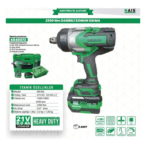Hais Pro Rb-826 21 V Çift Akülü 8 Ah Somun Sıkma Makinesi - Görsel 5